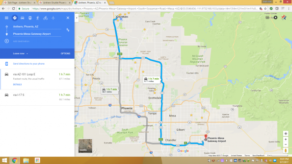 Anthem Shuttle driving directions between Anthem Arizona and Mesa Gateway Airport